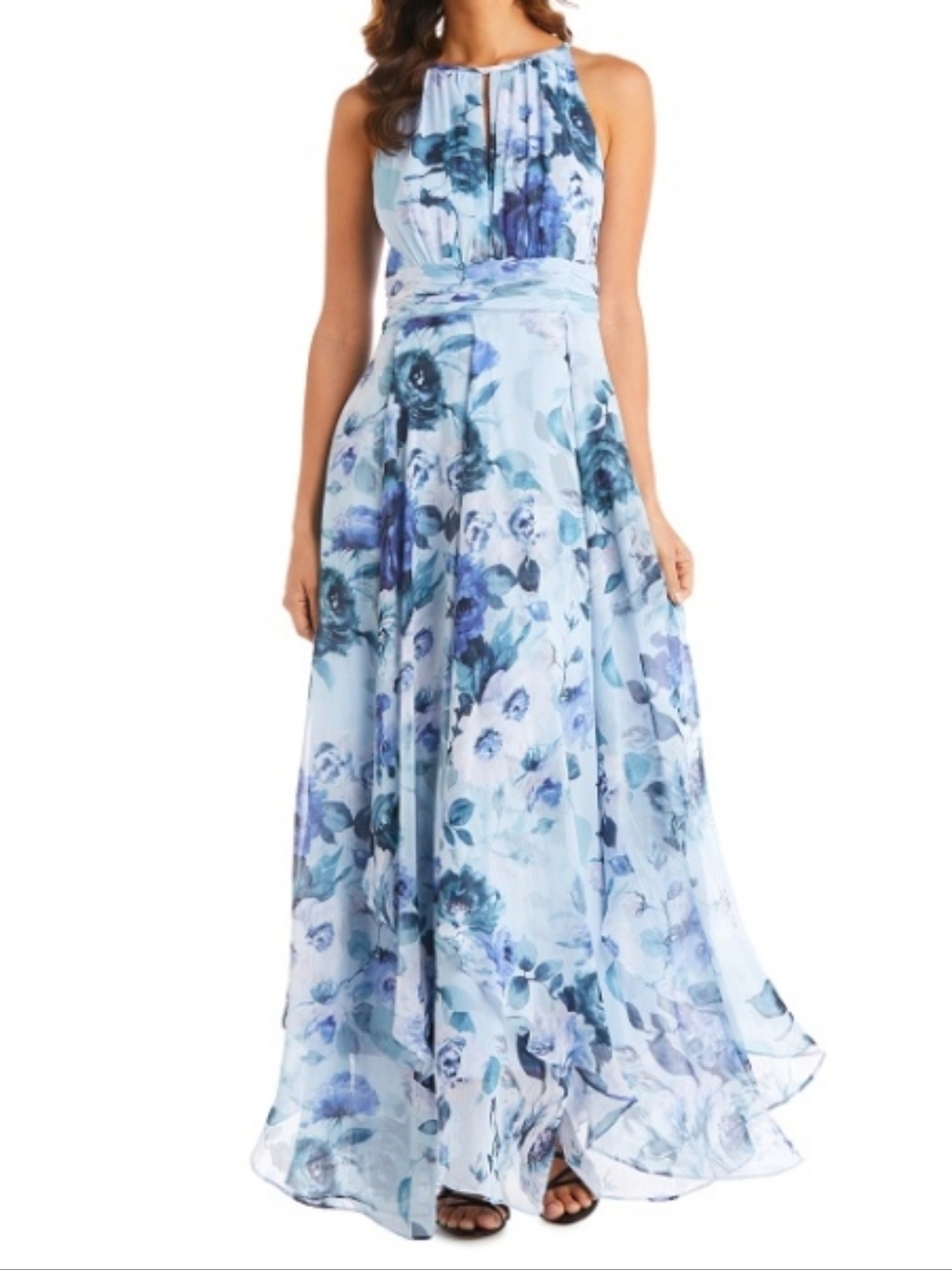 R&M Richards Petite Floral Halter Chiffon Maxi Dress Cascading Ruffle Size 14P-